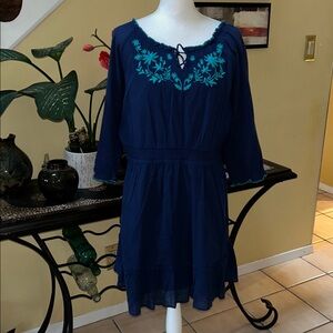Old Navy Women’s Blue Cotton Gauze Floral Embroidered Boho Ruffle Peasant Dress